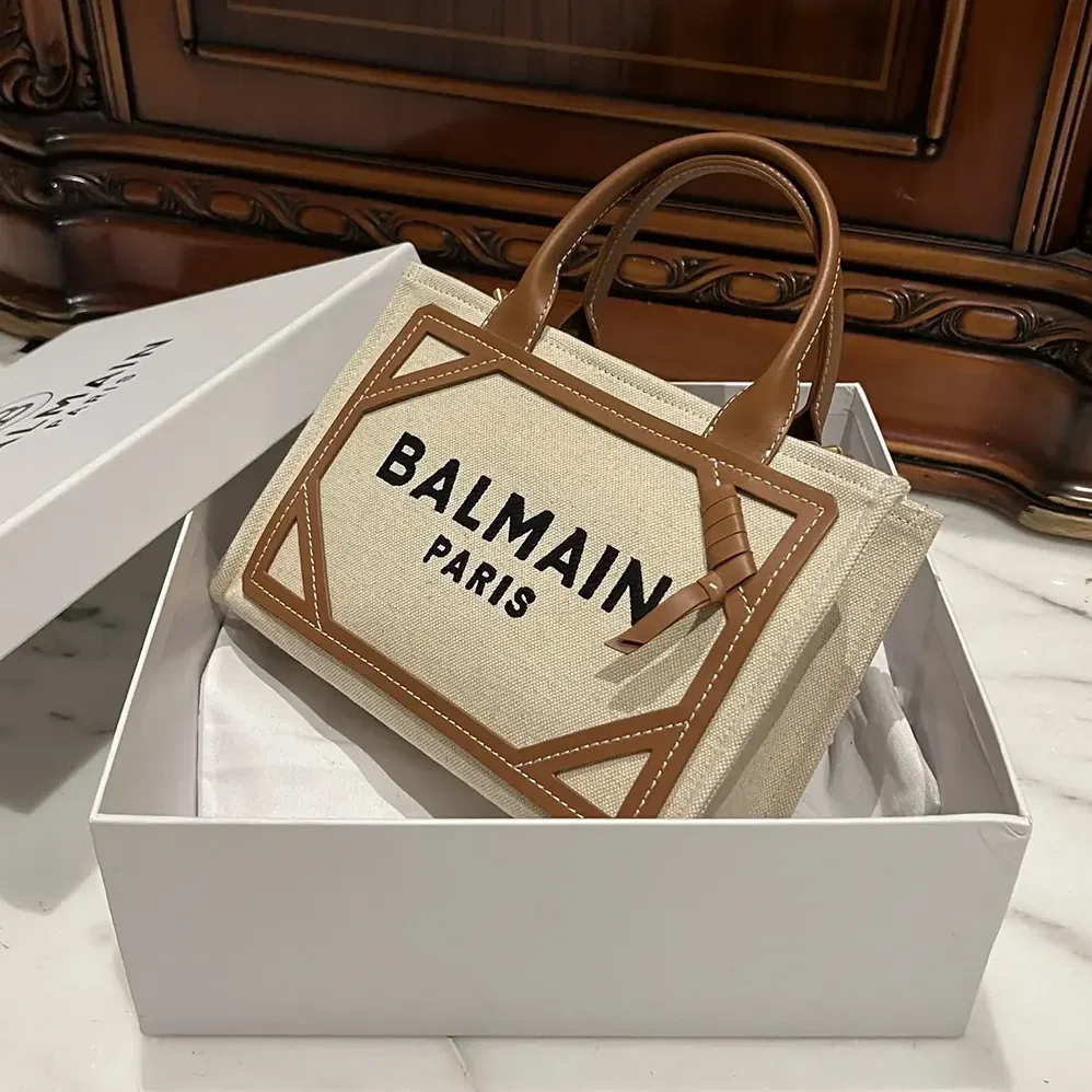 Balmain B-Army Small Canvas Shopping Bag with Leather Inserts for Women Balmain B-Army Small Canvas Shopping Bag with Leather Inserts for Women