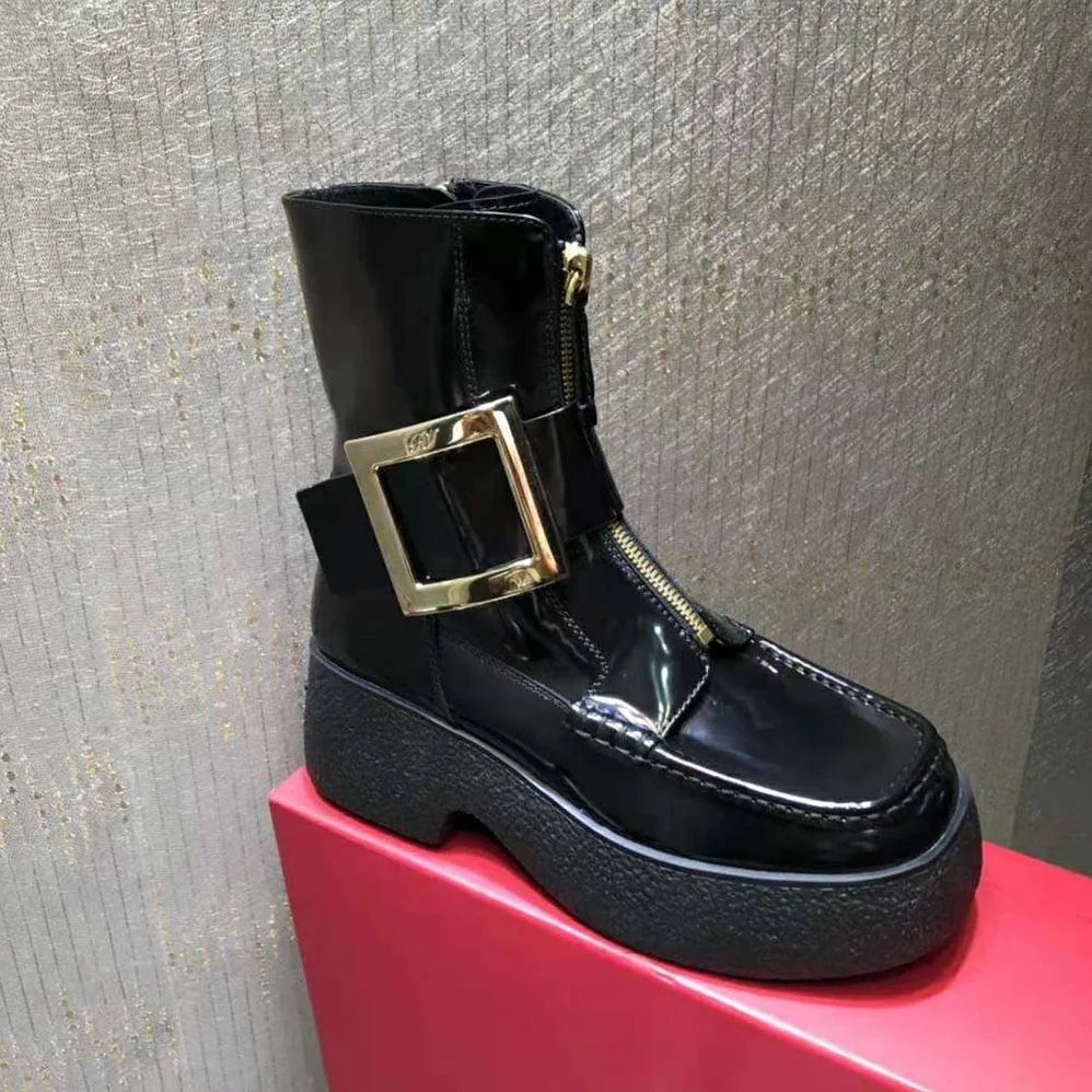 Roger Vivier Viv Rangers Platform Metal Buckle Boots in Leather for Women