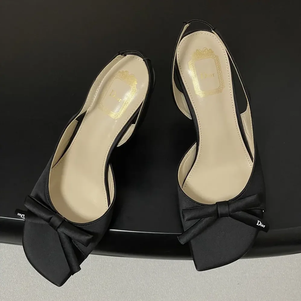 Dior Dior Bow Heeled Slingback Sandal Black Satin for Women