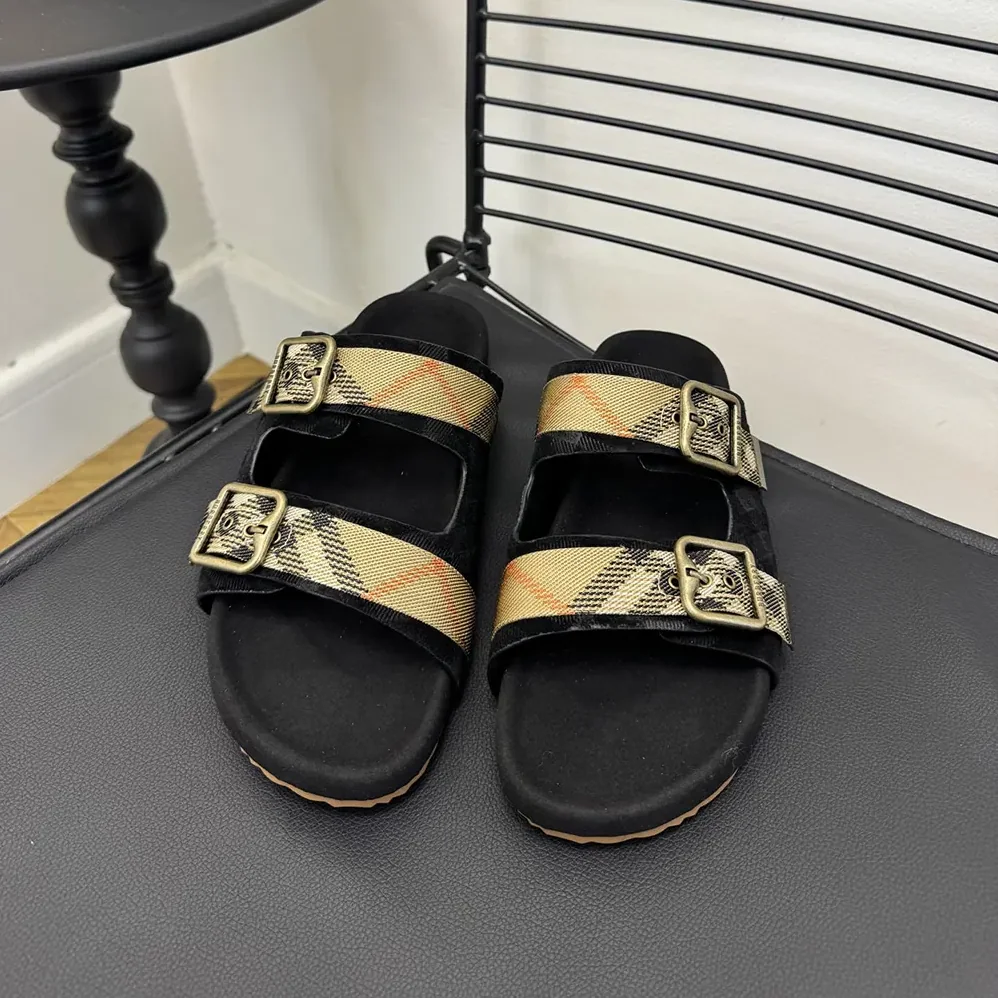 Burberry Check Suede Urchin Sandals for Unisex in Black Burberry Check Suede Urchin Sandals for Unisex in Black