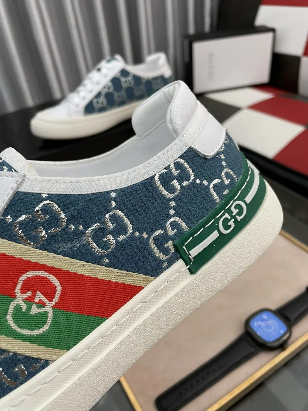 Gucci GG Embroidery Sneaker With Web White And Blue for Men