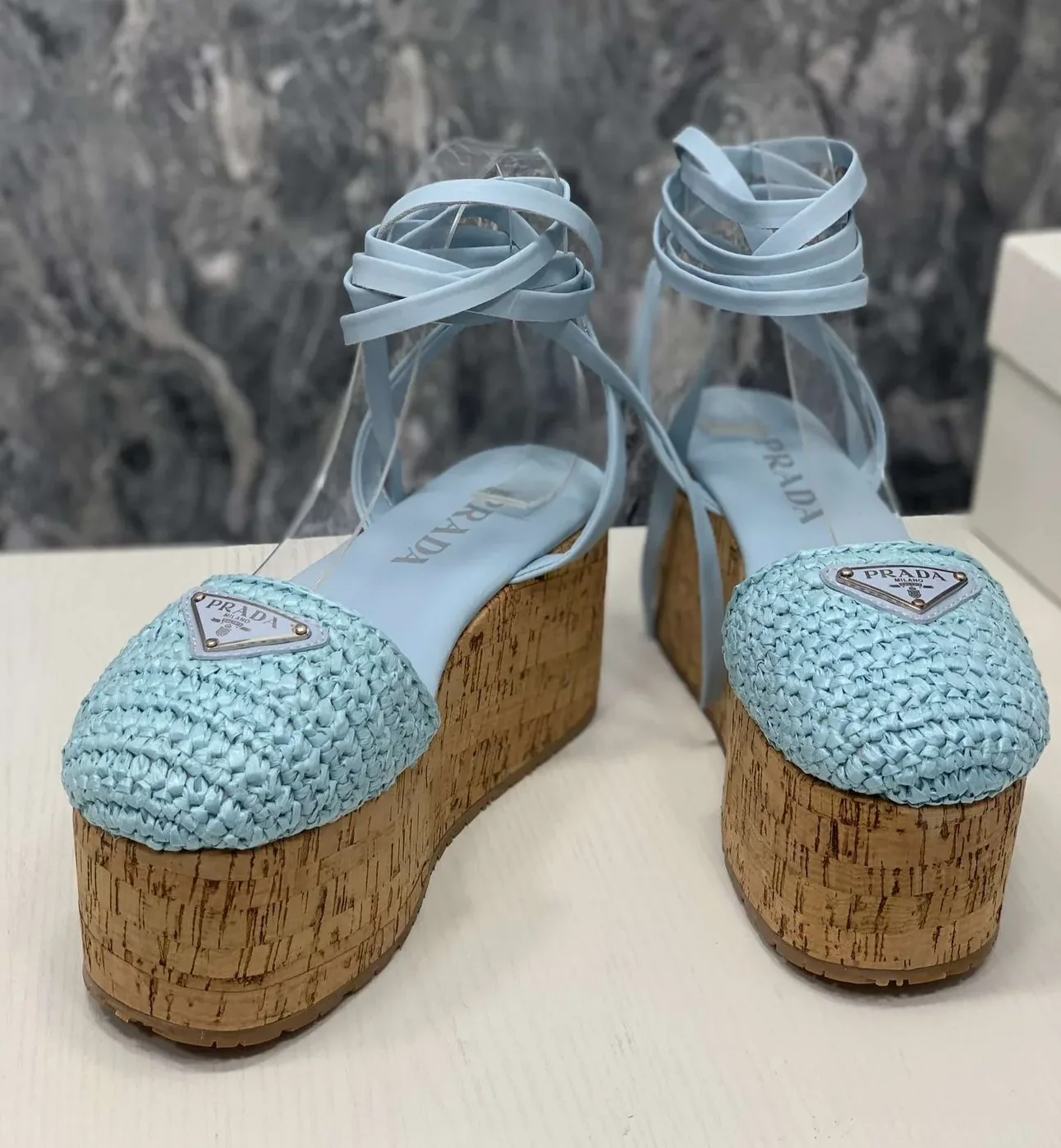 Prada Crochet Wedge Sandals Light Blue