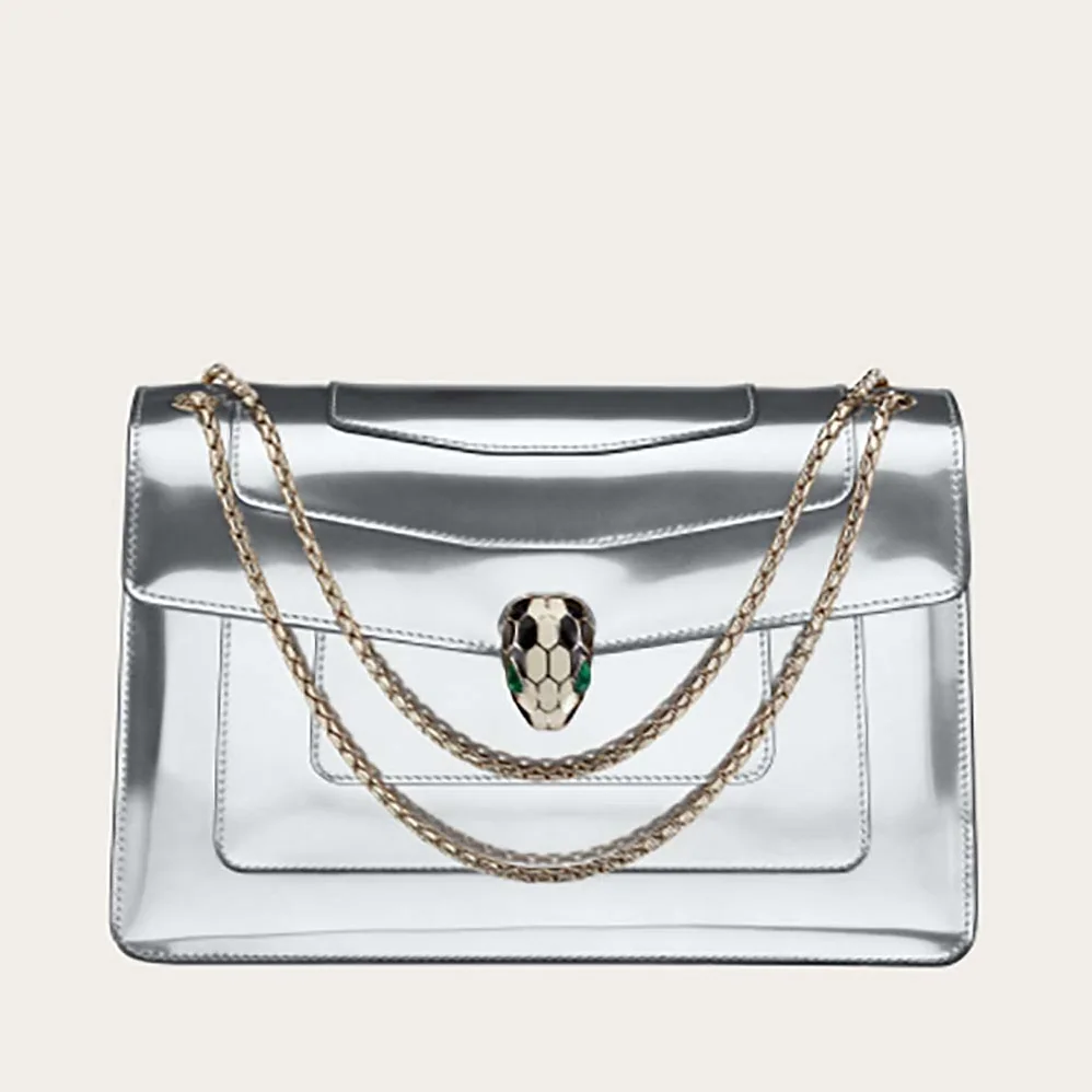 Bvlgari Serpenti Forever Medium Flap Cover Bag Metallic Calfskin in Silver