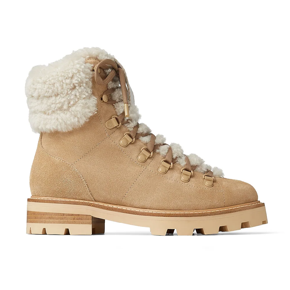 Jimmy Choo Eshe Flat Shearling Stucco Suede Hiking Boots for Women Jimmy Choo Eshe Flat Shearling Stucco Suede Hiking Boots for Women