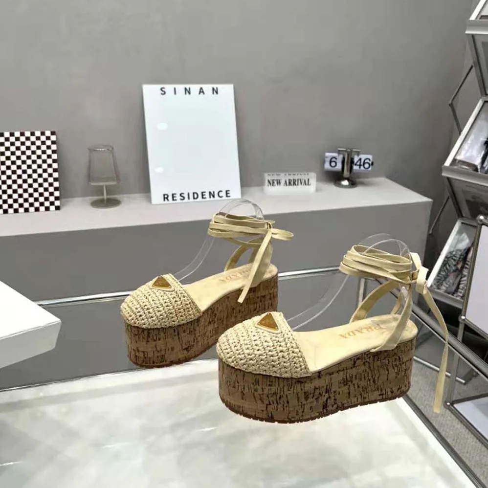 Prada Crochet Wedge Sandals with Enameled Metal Triangle Logo for Women in Beige Prada Crochet Wedge Sandals with Enameled Metal Triangle Logo for Women in Beige