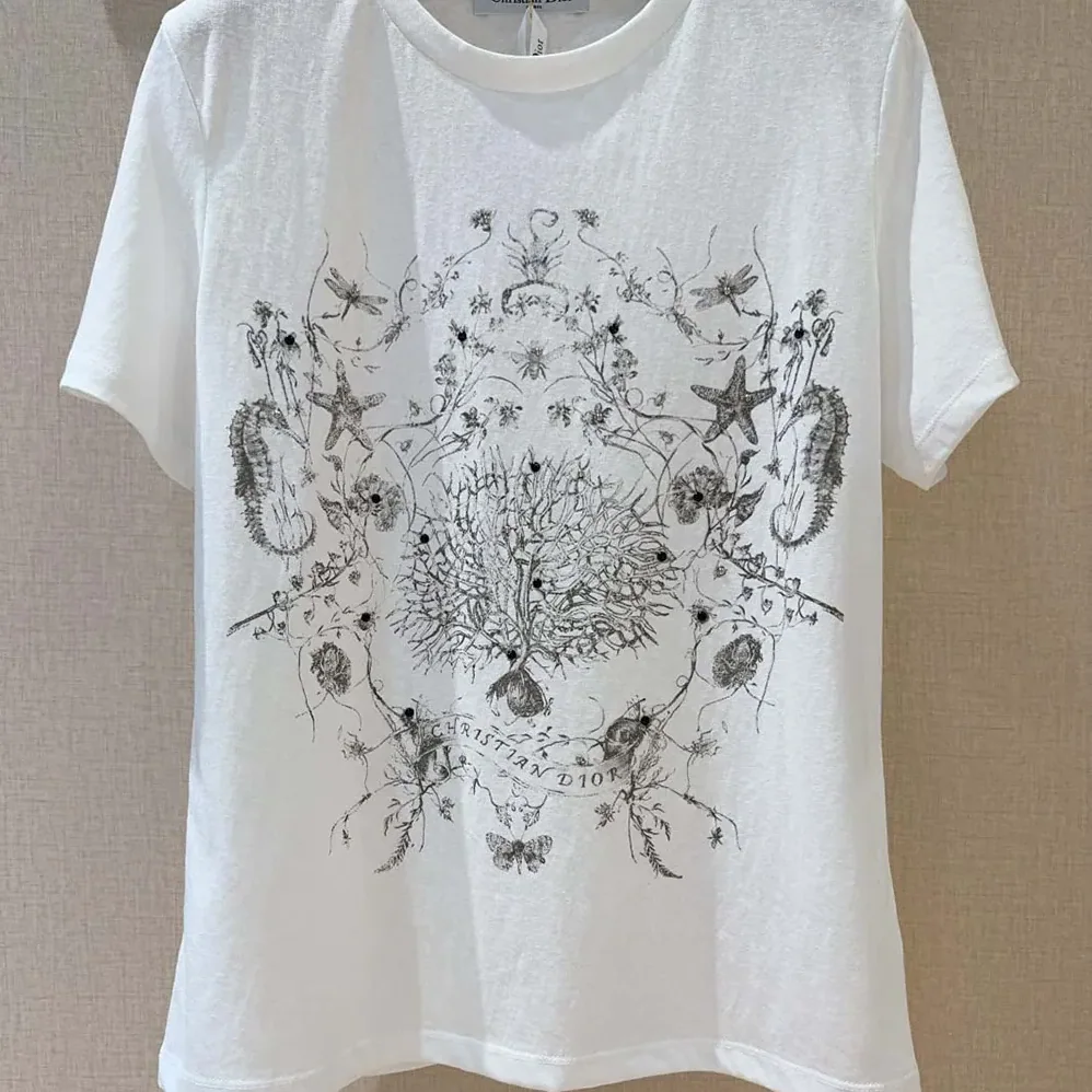 Dior T-Shirt White Cotton and Linen Jersey with Black Dior Cabinet de Curiosités Motif for Women