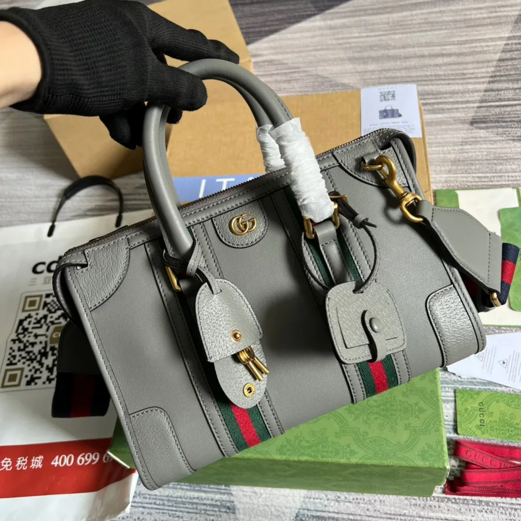 Small Bauletto Top Handle Bag With Double G Brown in Grey / Small Bauletto Top Handle Bag With Double G Brown in Grey /