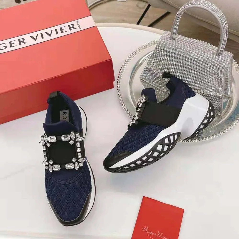 Roger Vivier Viv' Run Strass Buckle Sneakers in Technical Fabrics for Women in Navy