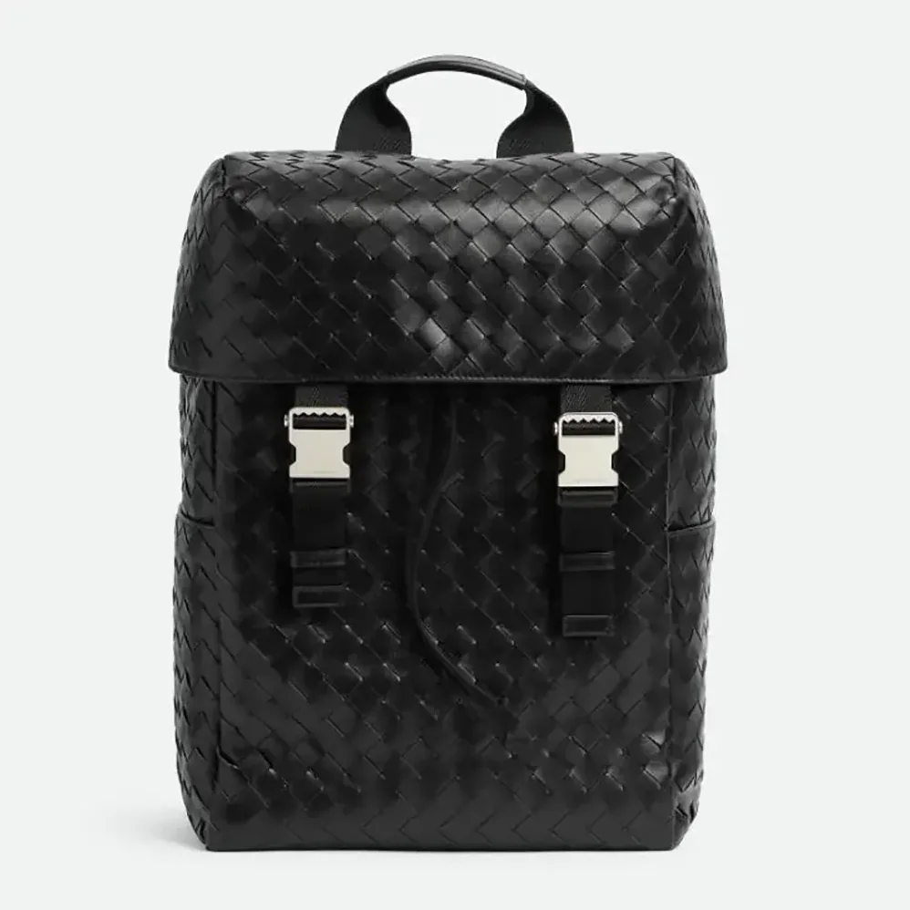 Bottega Veneta Intrecciato Flap Backpack for Unisex in Black