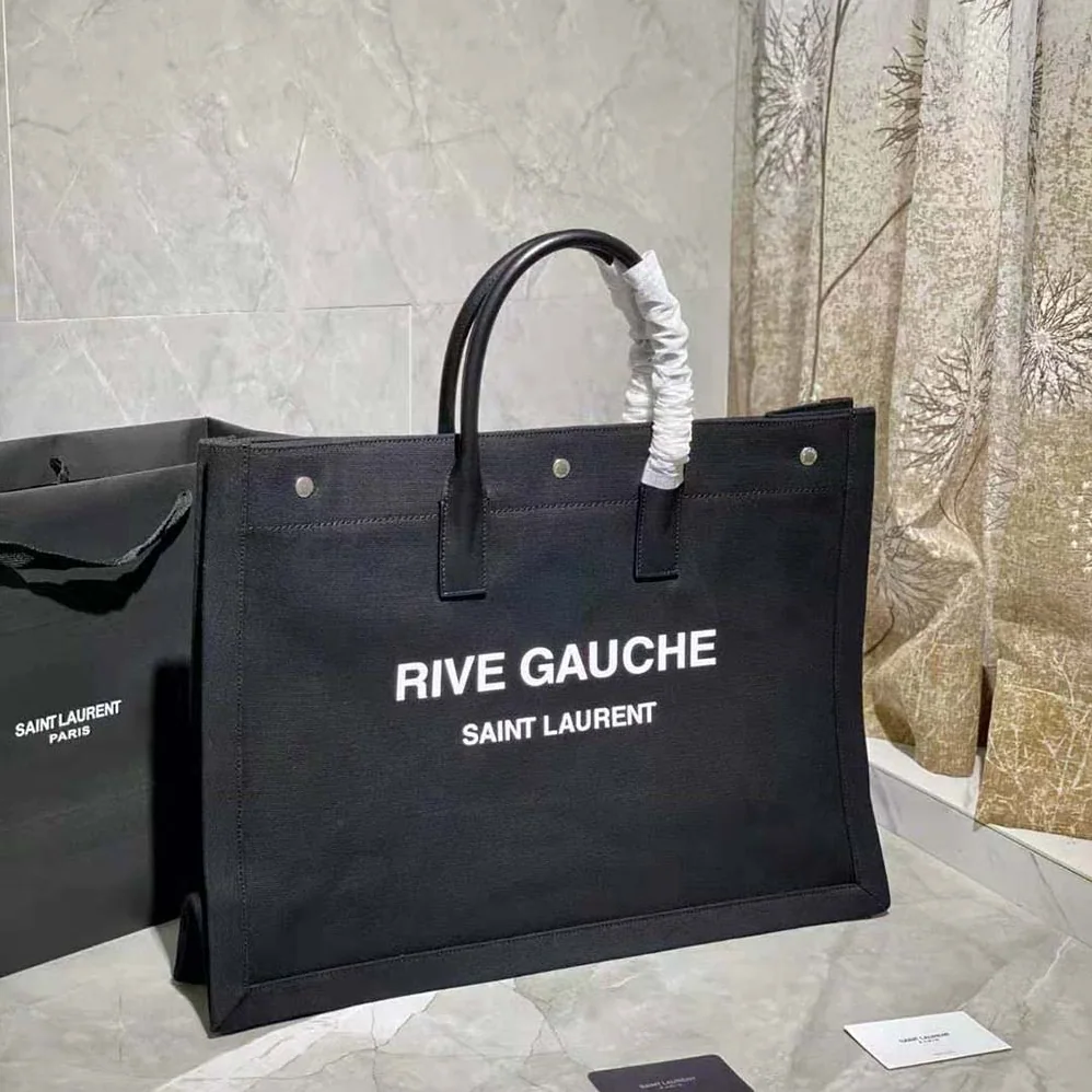 Saint Laurent YSL Rive Gauche Tote Bag in Linen and Leather for Women Saint Laurent YSL Rive Gauche Tote Bag in Linen and Leather for Women