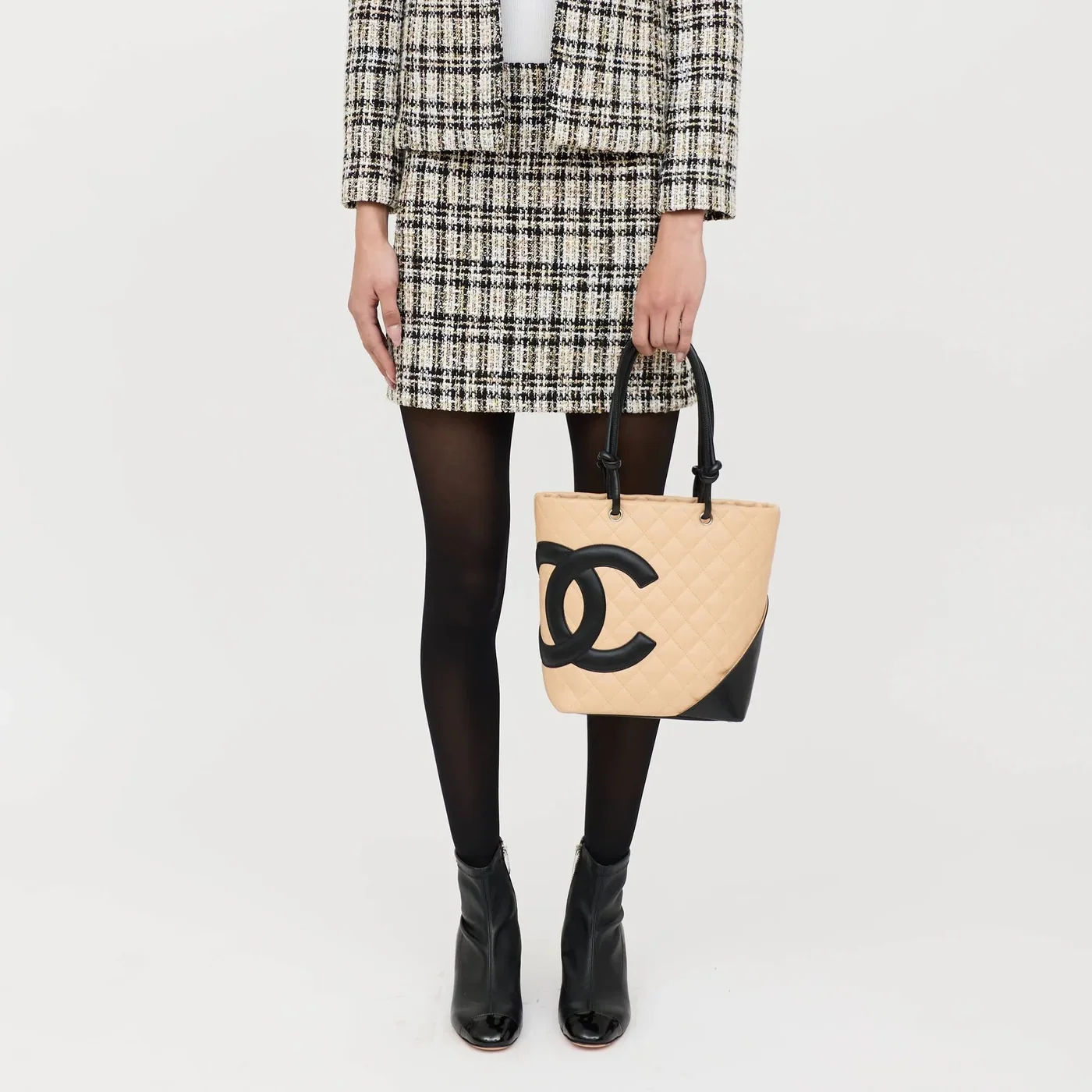 Chanel Cambon Ligne Medium Tote Bag in Beige/ Black Silver Hardware