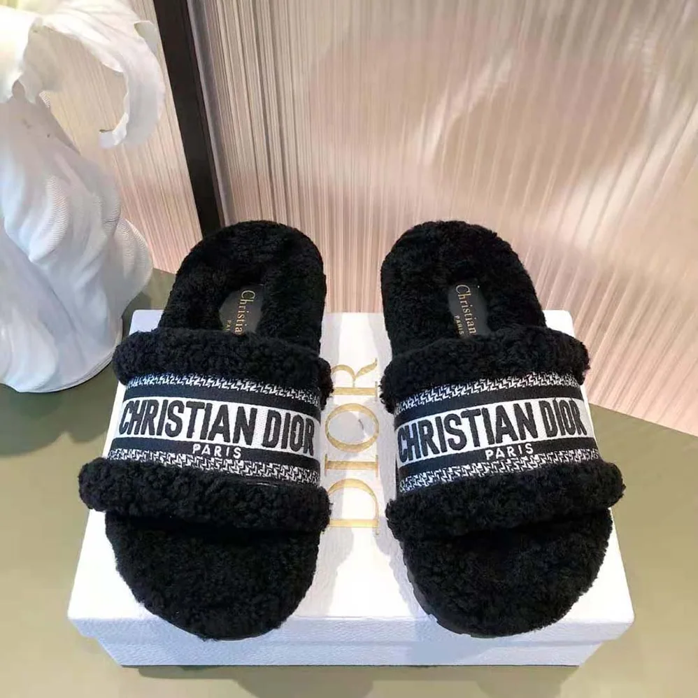 Dior Dway Slide Black Embroidered Cotton and Shearling for Women Dior Dway Slide Black Embroidered Cotton and Shearling for Women