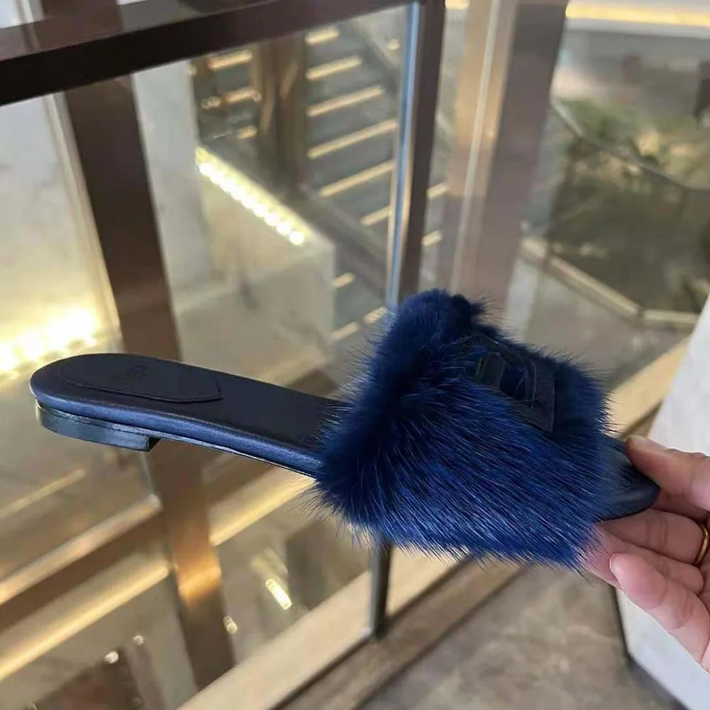 Fendi Baguette Blue Mink Slides for Women Fendi Baguette Blue Mink Slides for Women