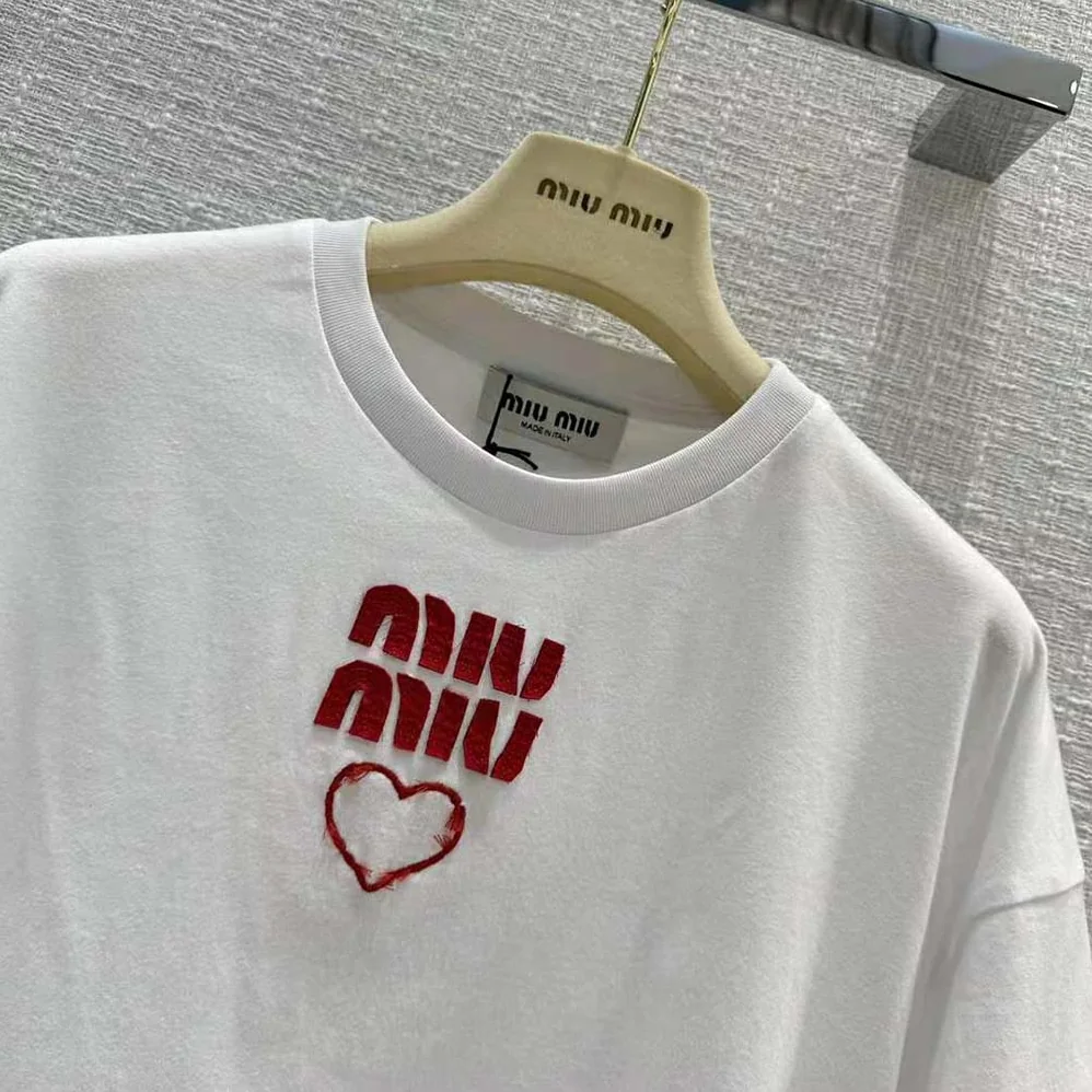Miu Miu Embroidered Cotton Jersey T-shirt with Contrasting Logo for Women in White