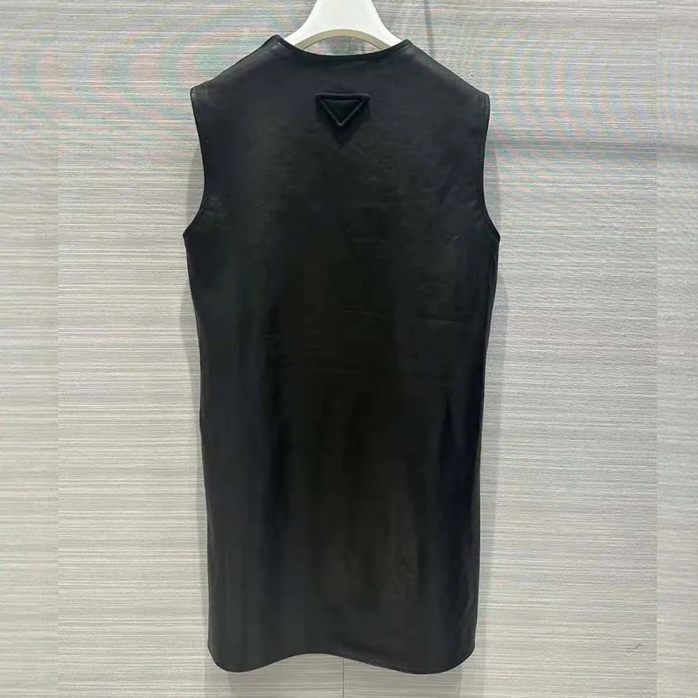Prada Leather Dress with Knit Triangle Logo for Women in Black Prada Leather Dress with Knit Triangle Logo for Women in Black