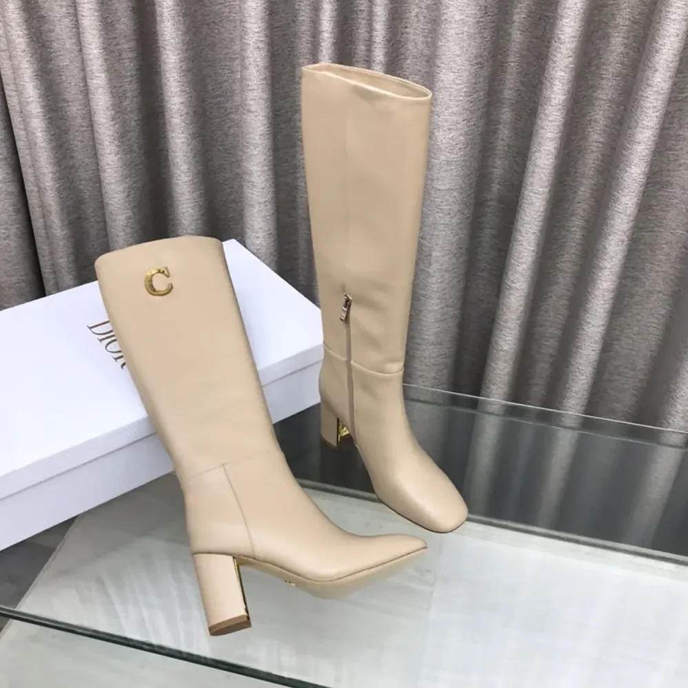 Dior Logo Knee-High Boot In Light Beige Calfskin with Gold for Women in Tone Accents Dior Logo Knee-High Boot In Light Beige Calfskin with Gold for Women in Tone Accents