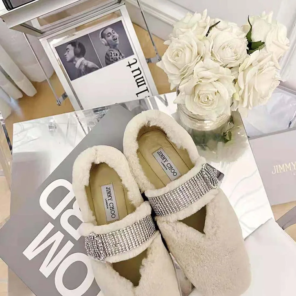 Jimmy Choo Krista Flat Teddy Faux Fur Flats with Crystal for Women in Embellished Strap