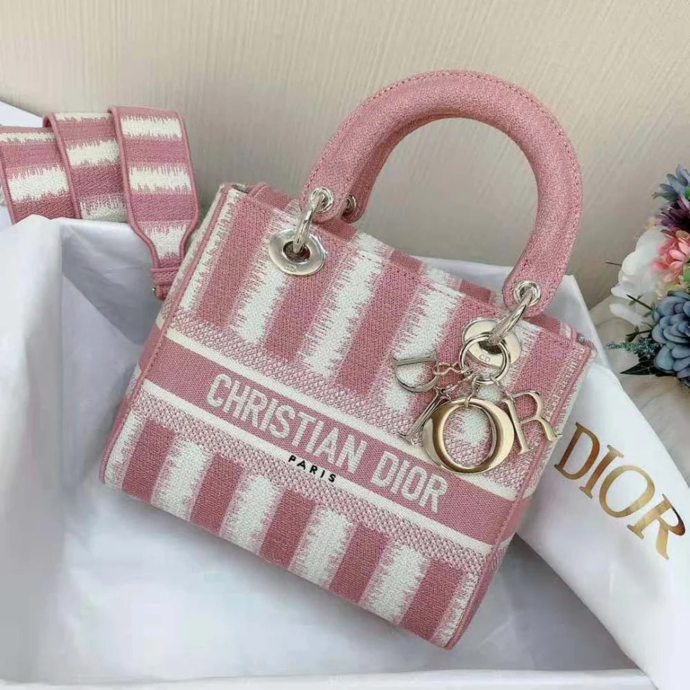 Dior Medium Lady D-lite Bag Pink D for Women in Stripes Embroidery