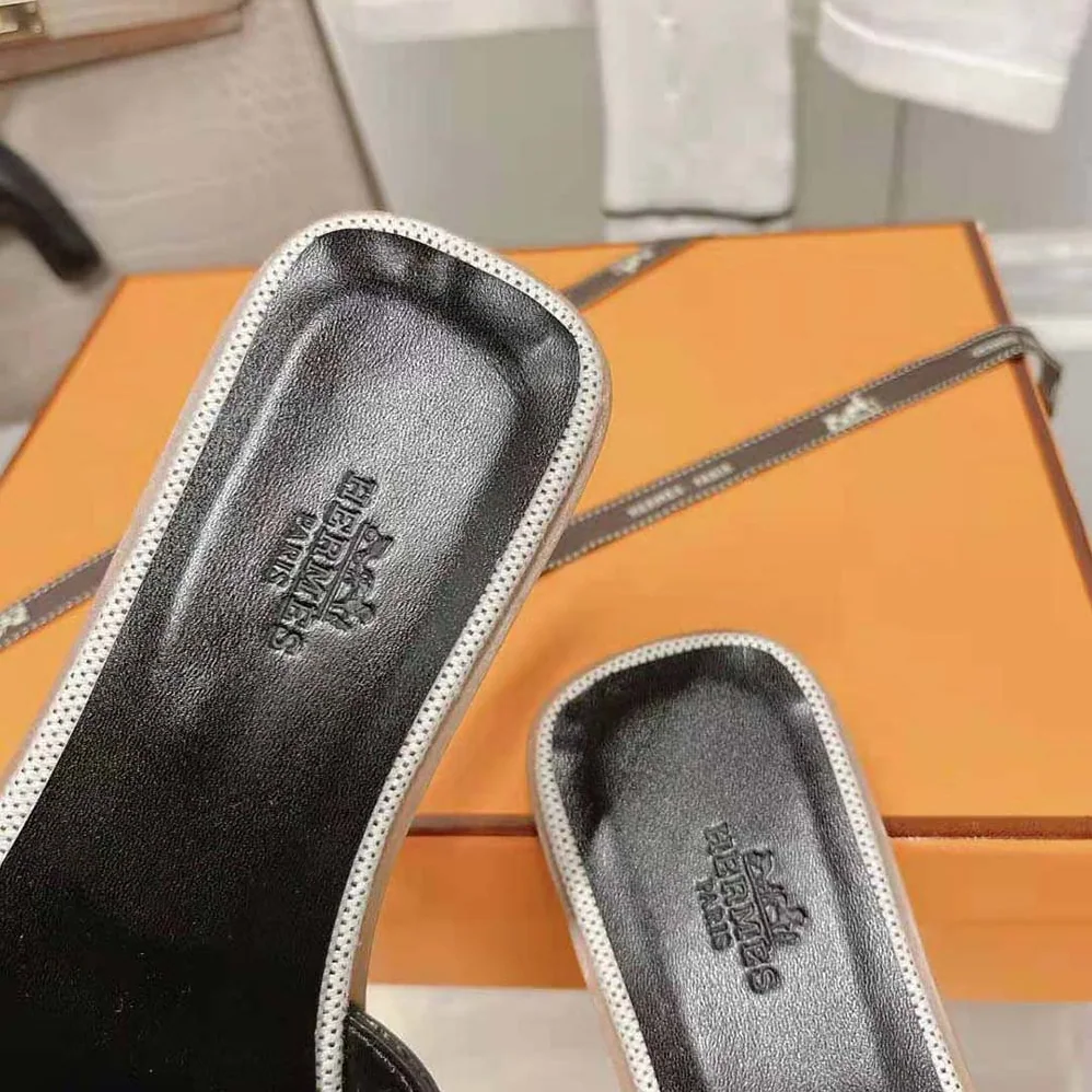 Hermes Oran Sandal in Calfskin and H Canvas with Iconic H Cut-Out for Women in Black