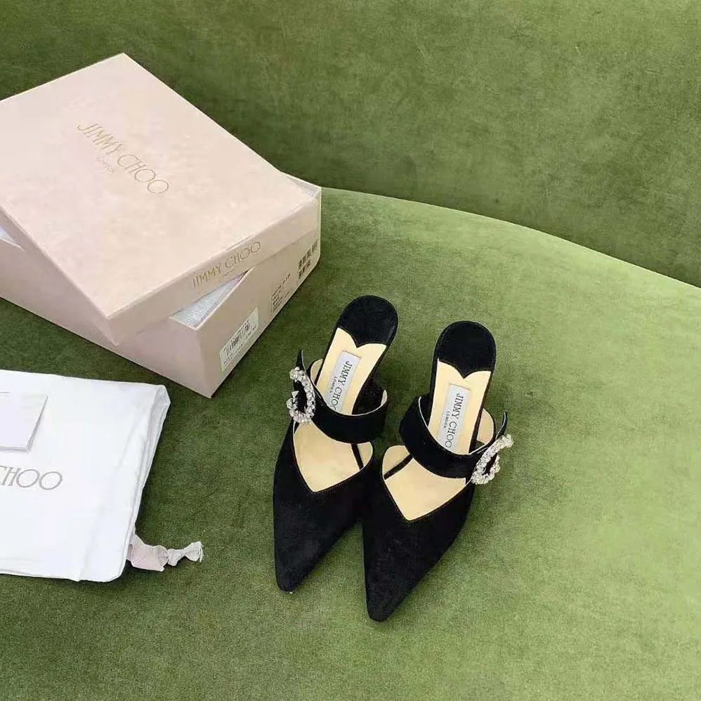 Jimmy Choo Marta 70 Black Suede Mules with Crystal Buckle for Women Jimmy Choo Marta 70 Black Suede Mules with Crystal Buckle for Women
