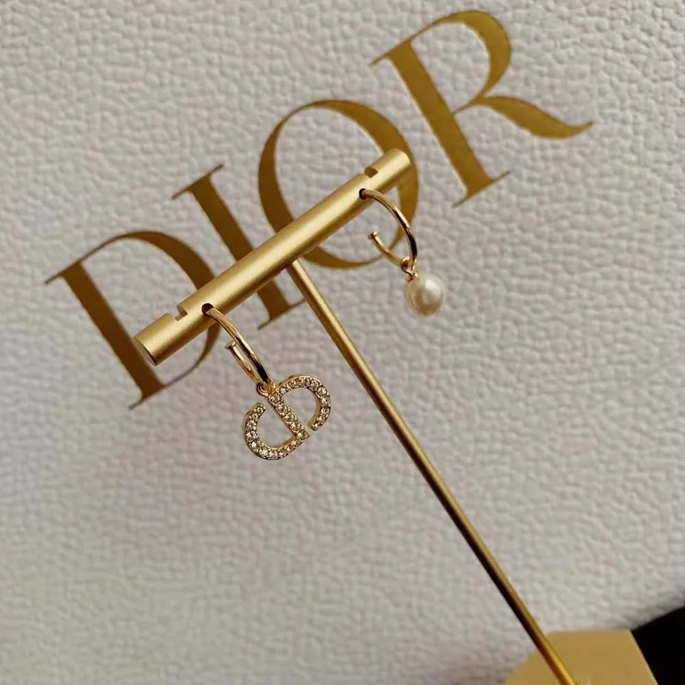 Dior Petit CD Earrings White Crystals with a White Resin Pearl for Women Dior Petit CD Earrings White Crystals with a White Resin Pearl for Women