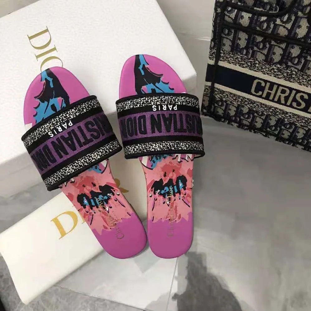 Dior Dway Slide Purple Multicolor D for Women in Flower Pop Cotton Embroidery Dior Dway Slide Purple Multicolor D for Women in Flower Pop Cotton Embroidery