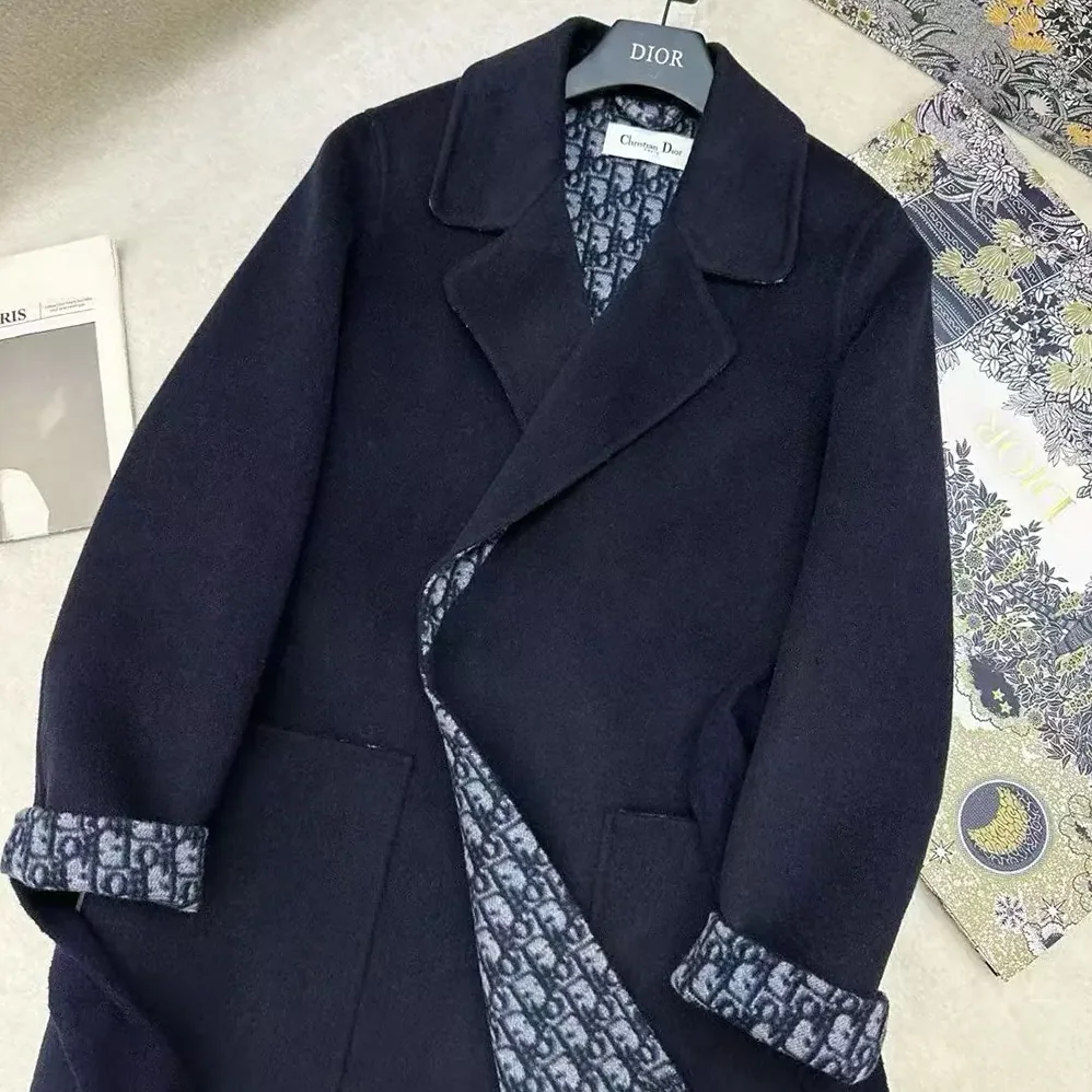 Dior Coat Blue Double for Women in Sided Wool