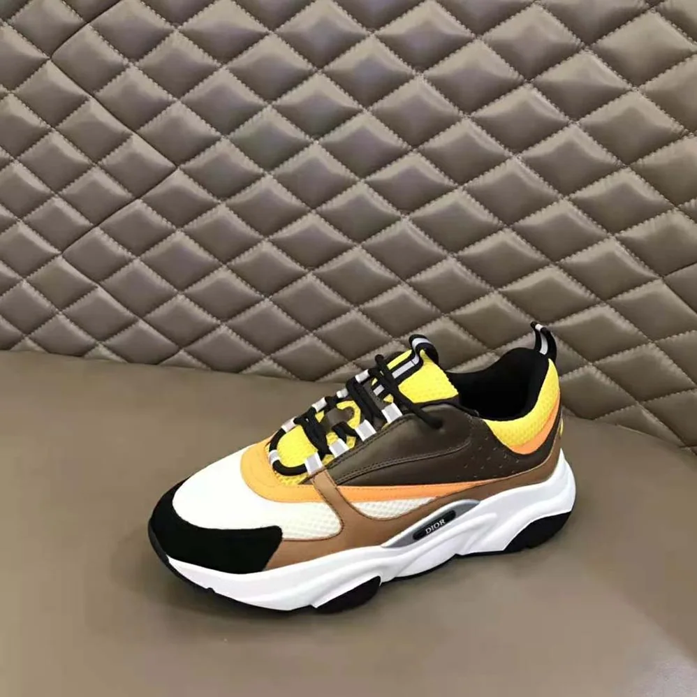 Dior B22 Sneaker Yellow and White Technical Mesh with Ebony and Camel Smooth Calfskin for Men