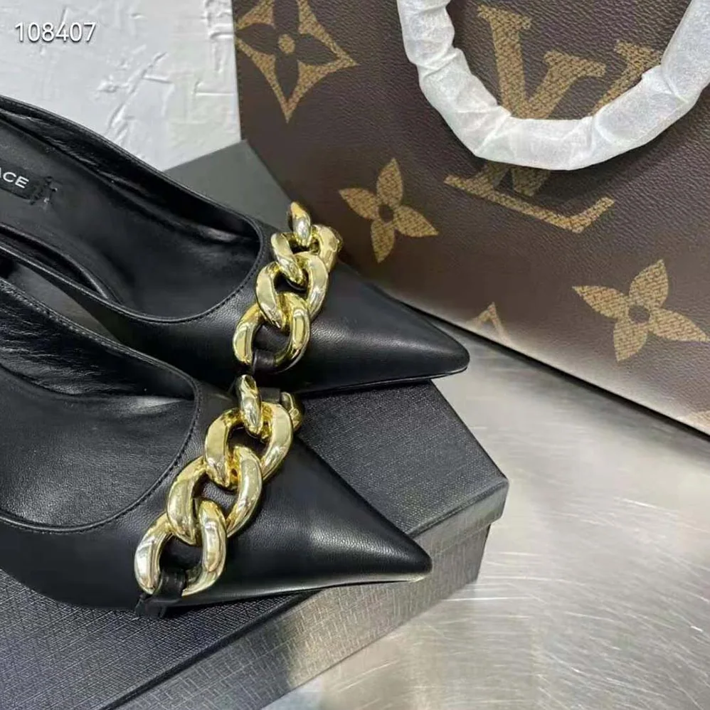 Versace Medusa Chain Nappa Leather Mules for Women in Black Versace Medusa Chain Nappa Leather Mules for Women in Black