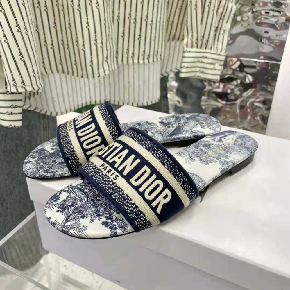 Dior Dway Slide Blue Cotton Embroidery for Women