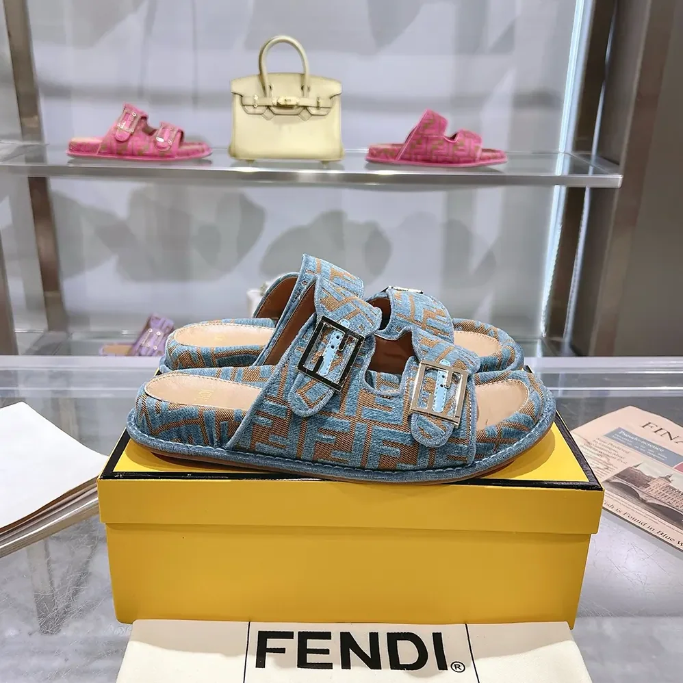 Fendi Feel Light Blue FF Jacquard Velvet Slides for Women