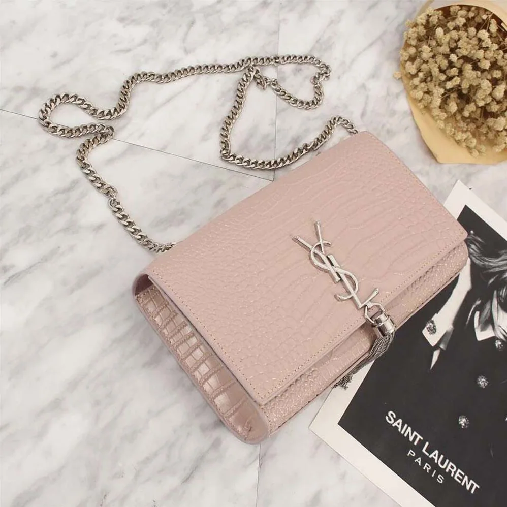 Saint Laurent YSL Kate Small Tassel Embossed Crocodile Shiny for Women in Pink