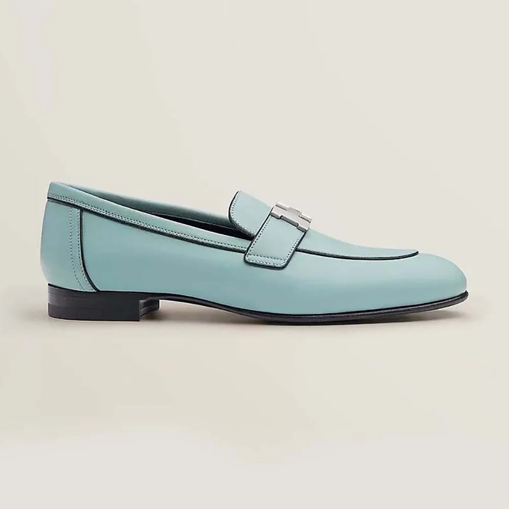 Hermes Paris Loafer in Calfskin with Palladium Plated Signature “H” Detail for Women in Blue Hermes Paris Loafer in Calfskin with Palladium Plated Signature “H” Detail for Women in Blue