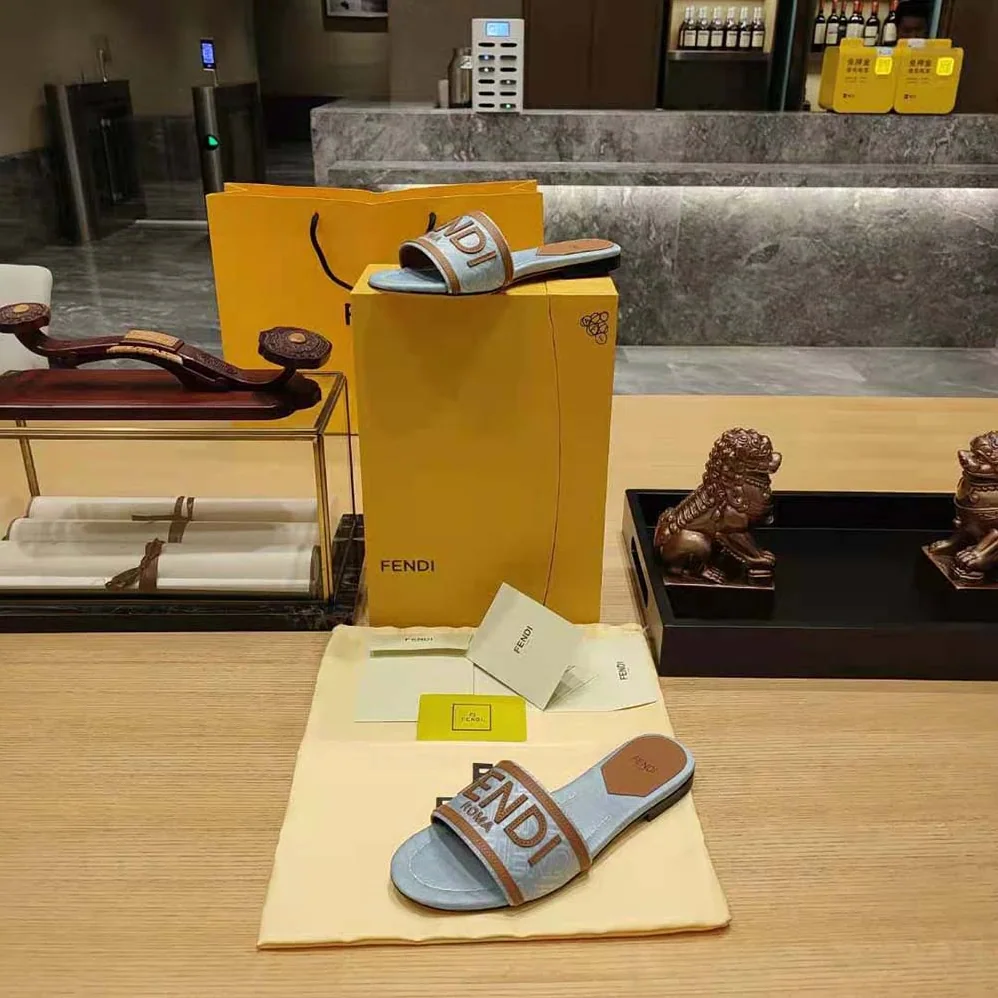 Fendi Signature Light Blue Denim Slides for Women