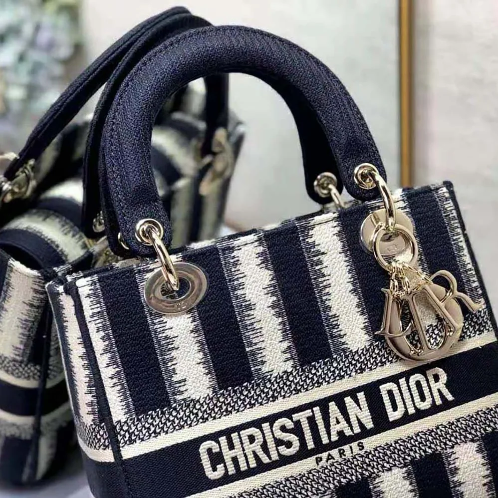Dior Medium Lady D-lite Bag Blue D for Women in Stripes Embroidery