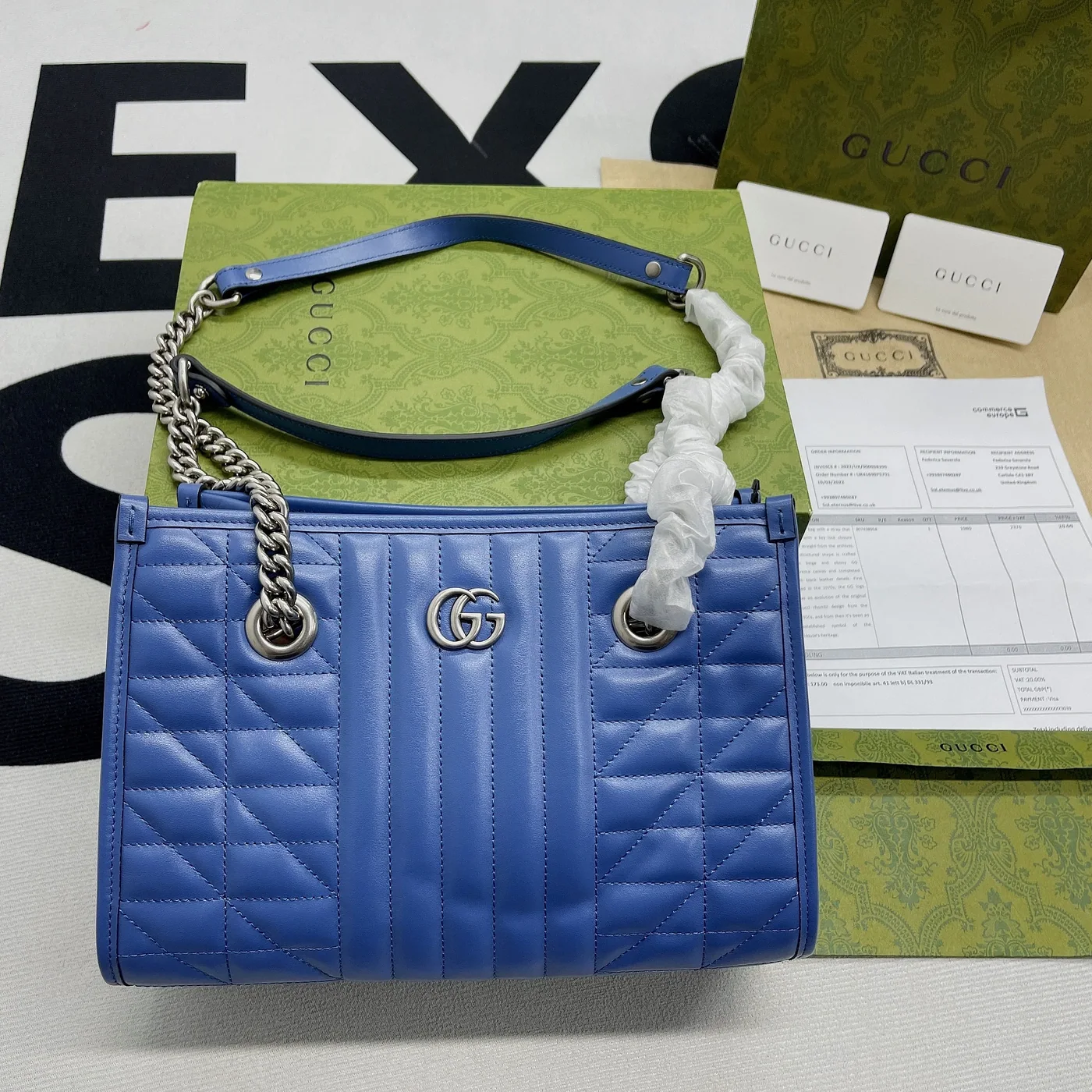 Gucci Marmont Small Matelasse Tote Bag in Blue Palladium Hardware