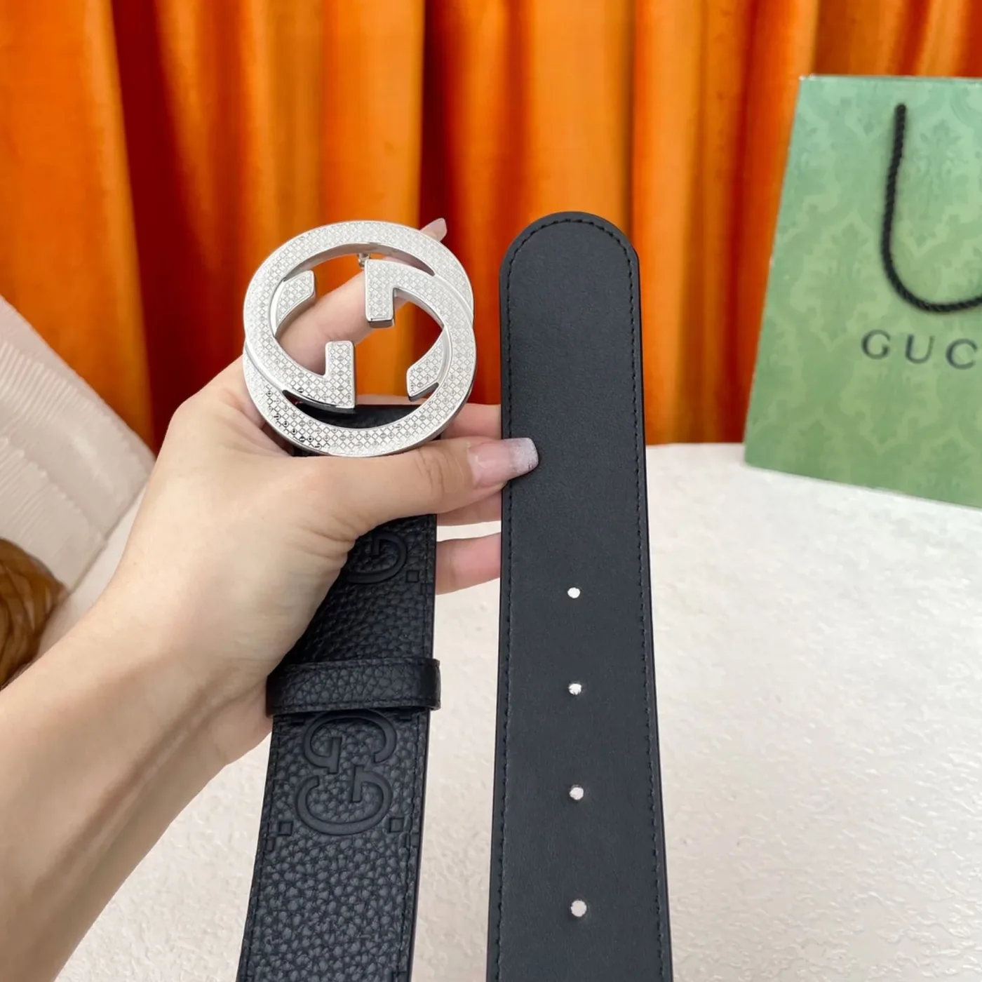 Gucci GG Pebbled Monogram Belt Black With Silver Crystal Buckle Gucci GG Pebbled Monogram Belt Black With Silver Crystal Buckle