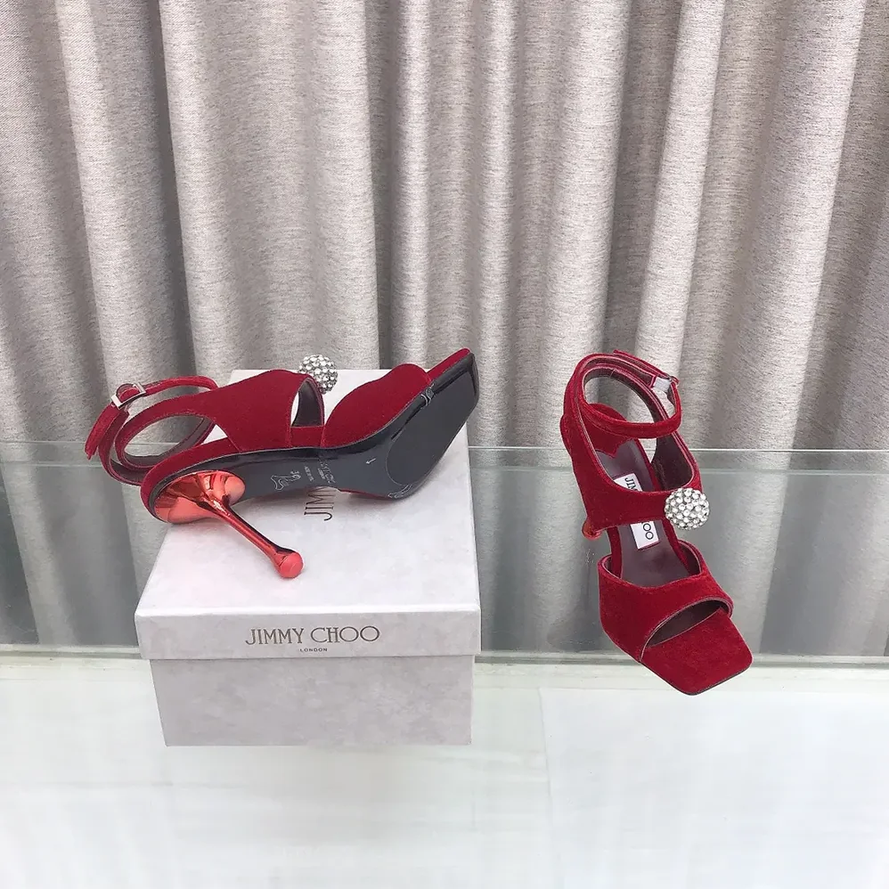 Jimmy Choo Orb 95 Ruby Red Velvet Sandals for Women