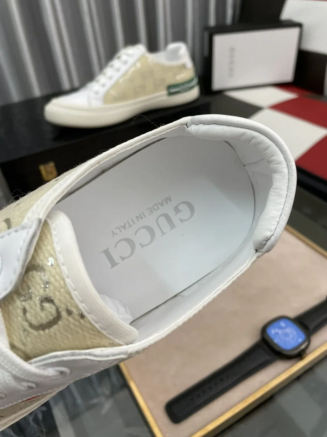Gucci GG Embroidery Sneaker With Web White And Beige for Men