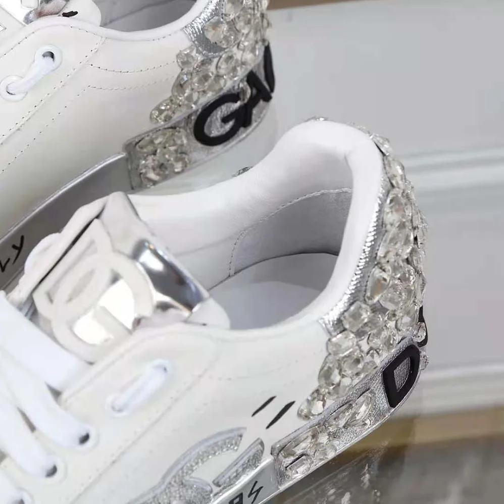 Dolce Gabbana D&G Printed Calfskin Nappa Portofino Sneakers with DG Logo and Embroidery for Men in Silver