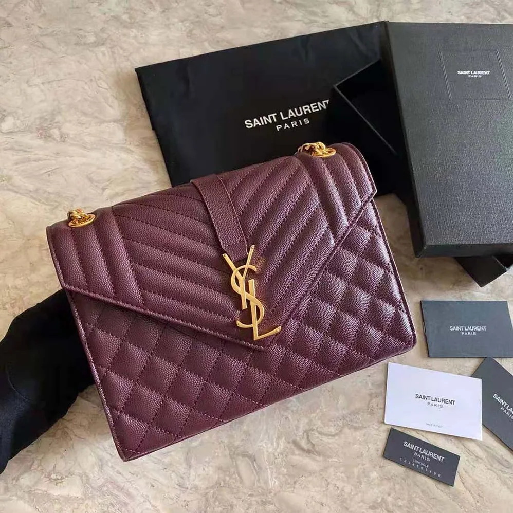 Saint Laurent YSL Envelope Medium Bag in Mix Matelasse Grain DE Poudre Embossed Leather for Women in Maroon