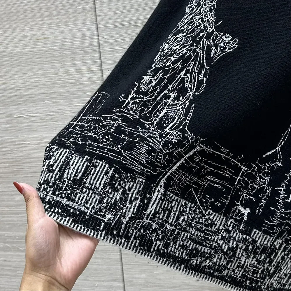 Dior Embroidered Sweater Black and White Cashmere and Silk Knit with New York Motif for Women