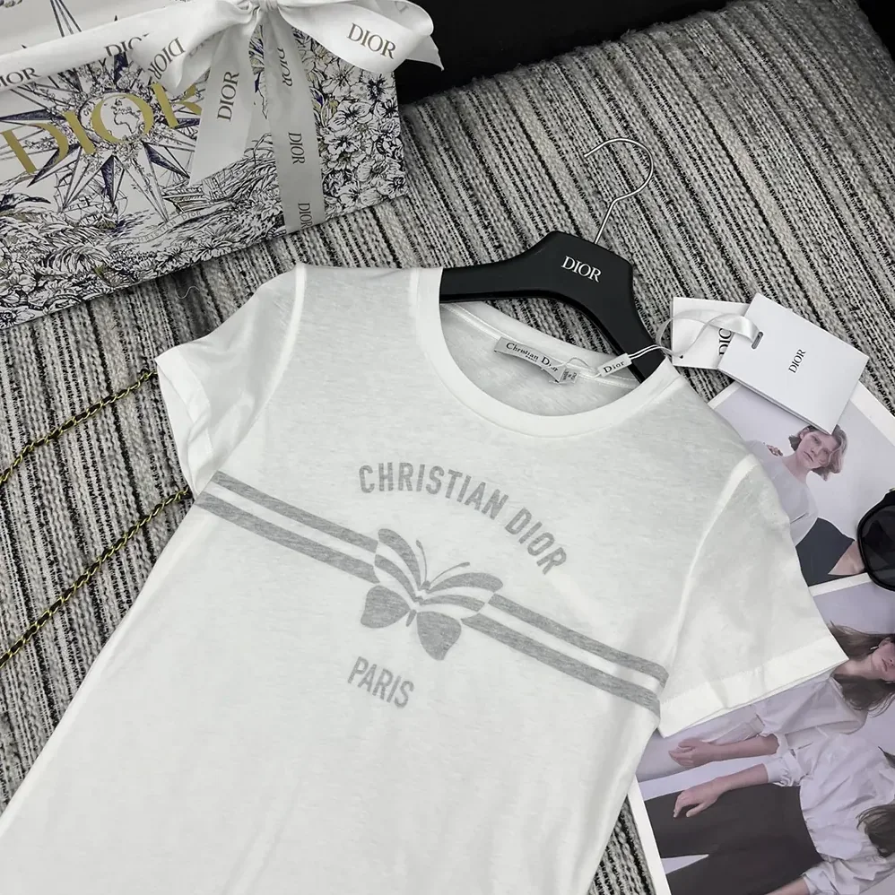 Dior T-Shirt White Cotton and Linen Jersey with Gray Christian Dior Papillon Motif for Women