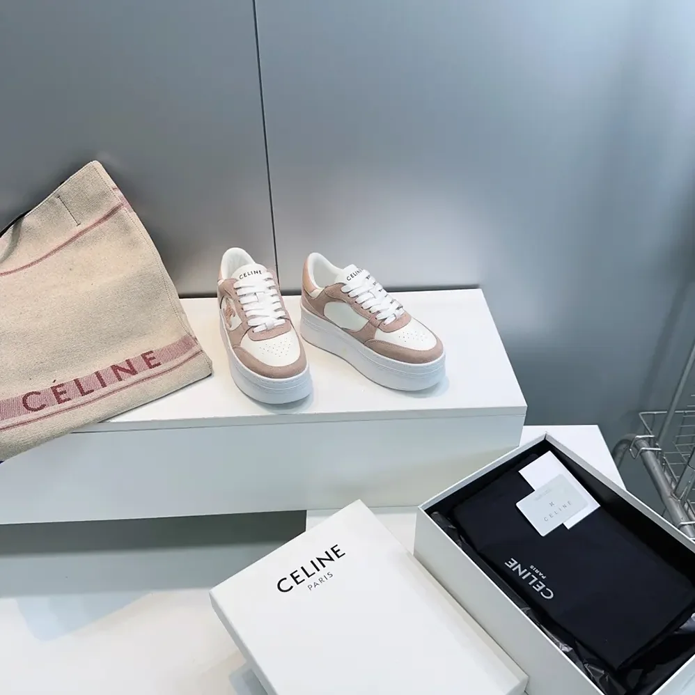 Celine Block Wedge Sneaker With Triomphe Patch In Calfskin And Suede Calfskin for Women in Pink