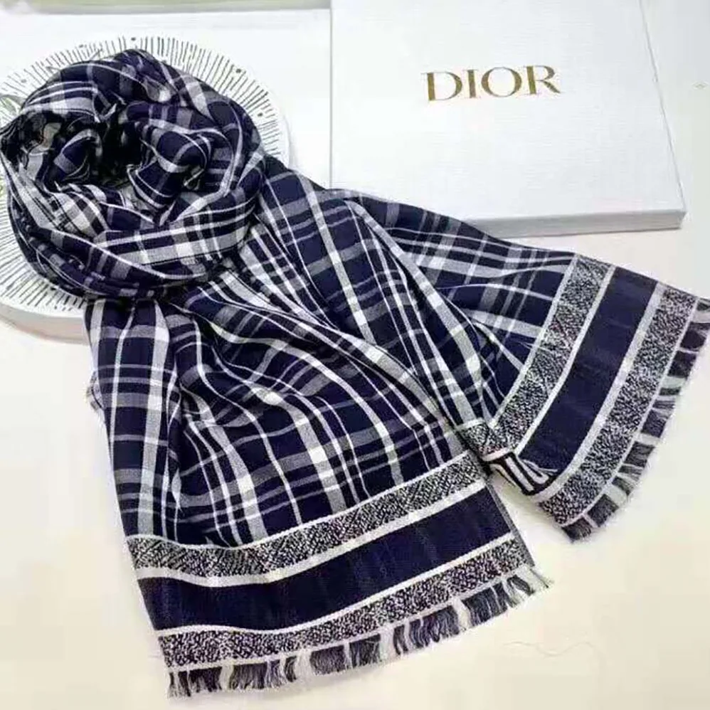 Dior Checkndior Pop Stole Navy Blue Cashmere Silk and Cotton for Women