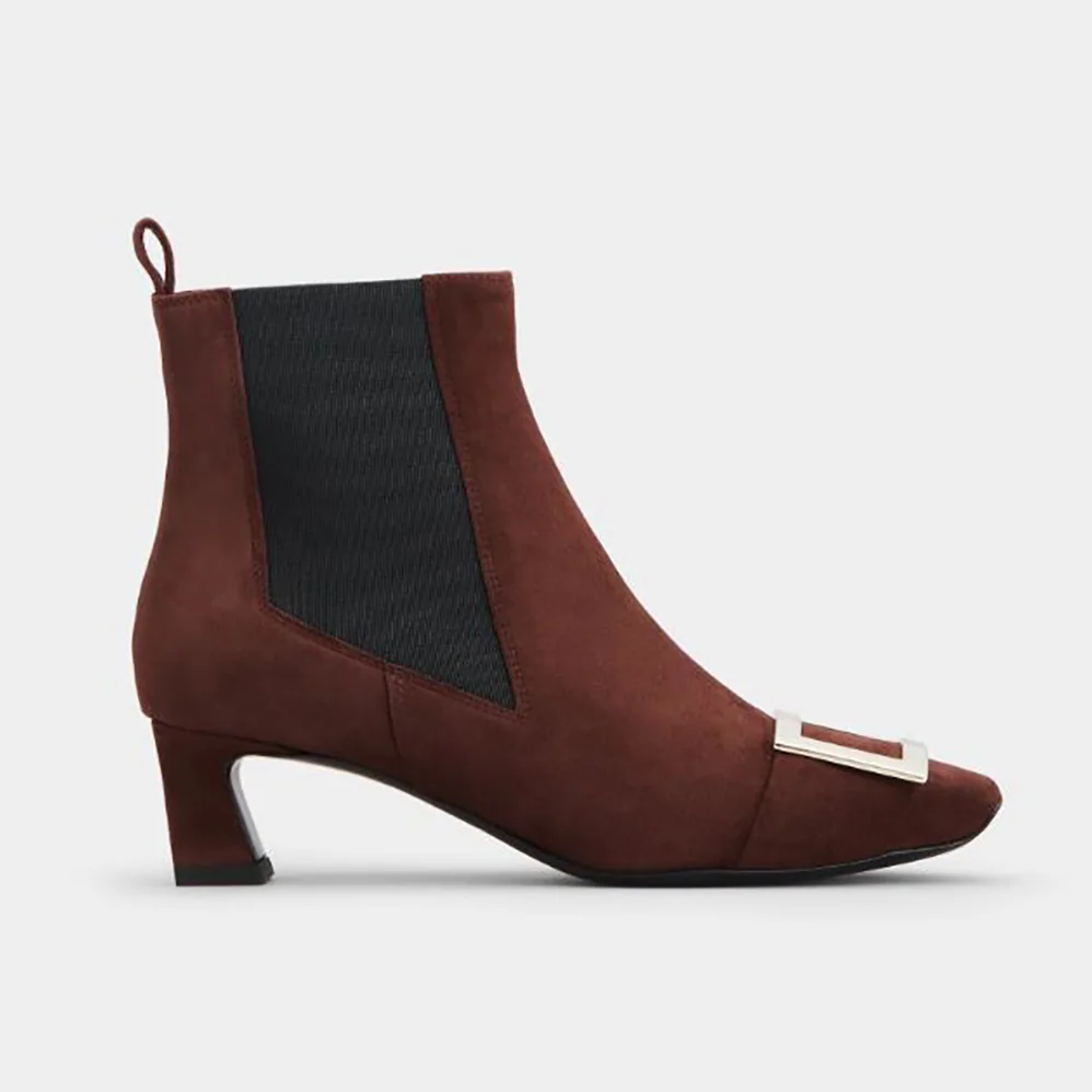 Roger Vivier Trompette Metal Buckle Chelsea Booties in Suede for Women in Maroon Roger Vivier Trompette Metal Buckle Chelsea Booties in Suede for Women in Maroon