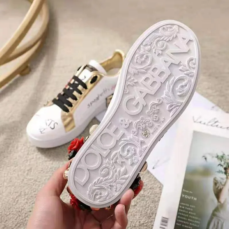 Dolce Gabbana D&G Sneakers in Printed Nappa Calfskin with Applications for Women in White