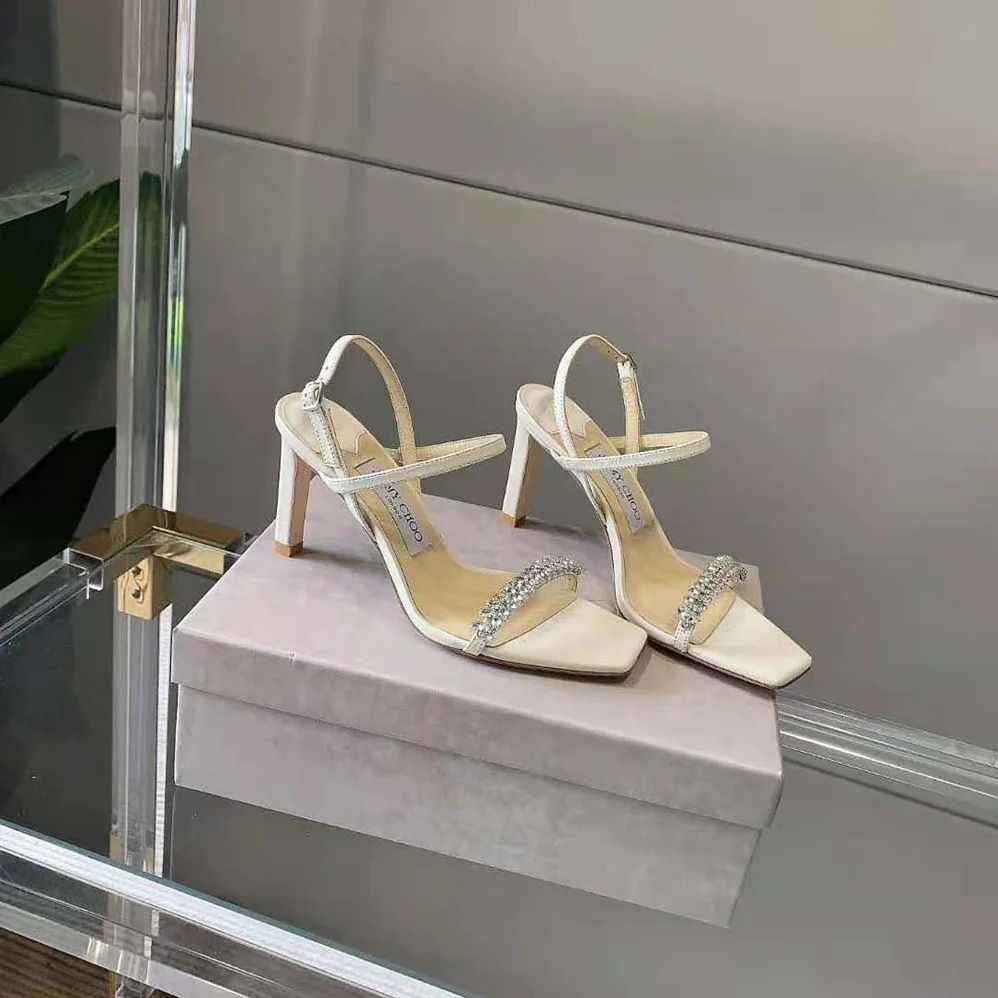 Jimmy Choo Meira 85 Latte Nappa Sandals with Leaf Crystal Embellishment for Women Jimmy Choo Meira 85 Latte Nappa Sandals with Leaf Crystal Embellishment for Women