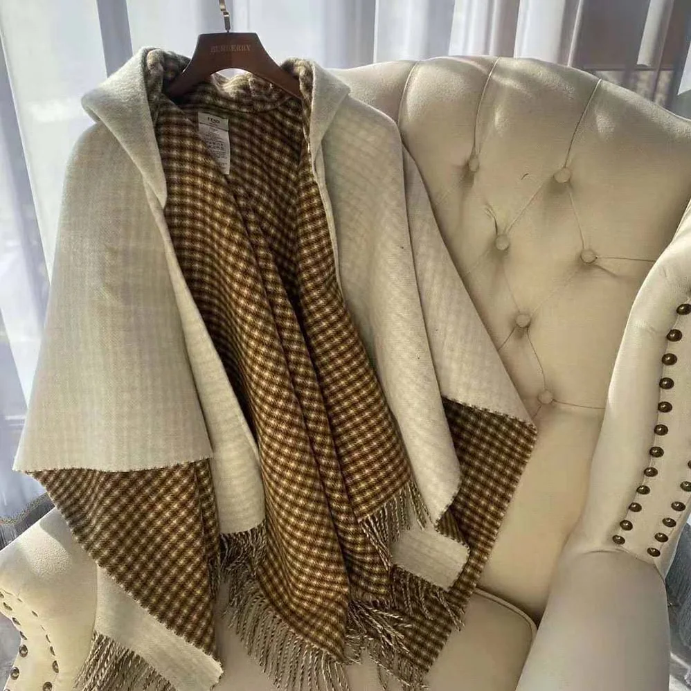 Fendi Cream Wool and Cashmere Poncho with Hood for Women Fendi Cream Wool and Cashmere Poncho with Hood for Women