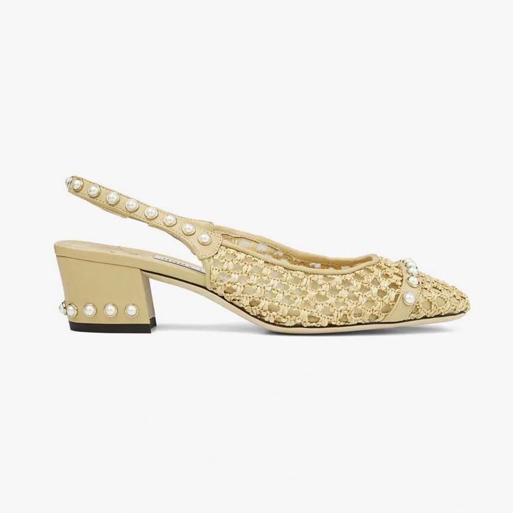 Jimmy Choo Hya 45 Barley Woven Raffia Slingbacks with Pearl Studs for Women